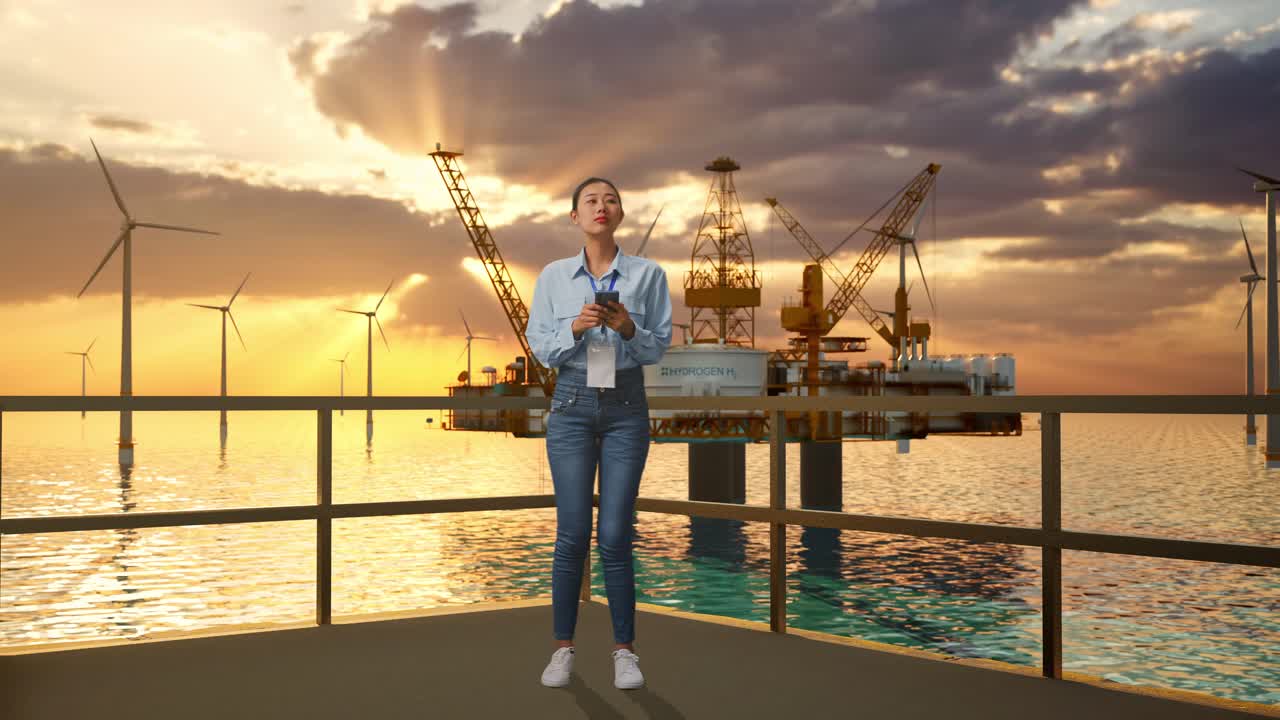 해가 지는 동안 해상 풍력 발전소와 석유 기지를 감시하는 여성