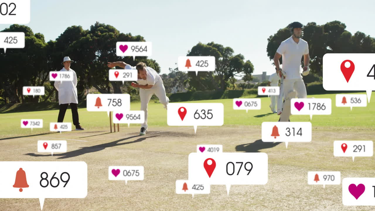 Cricket players on field with social media notifications animation