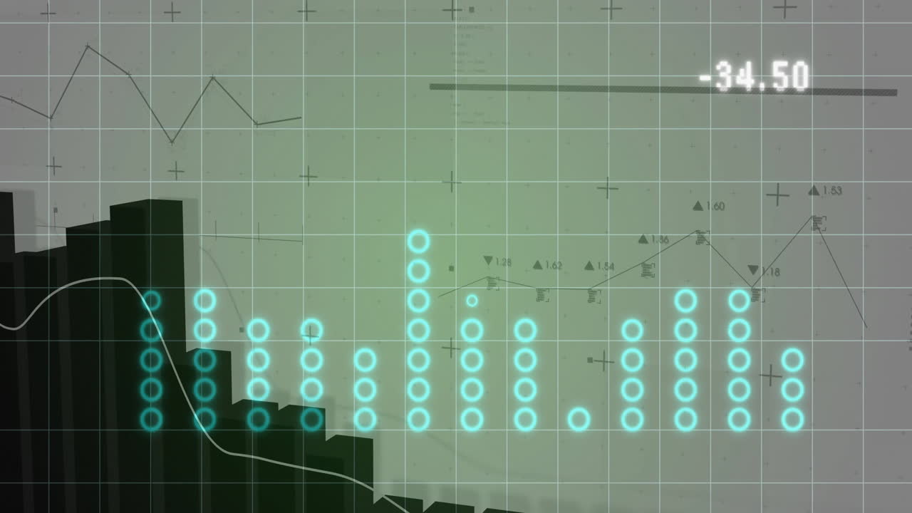 Data dashboard showing glowing teal circle columns on grey grid with line graph and labels