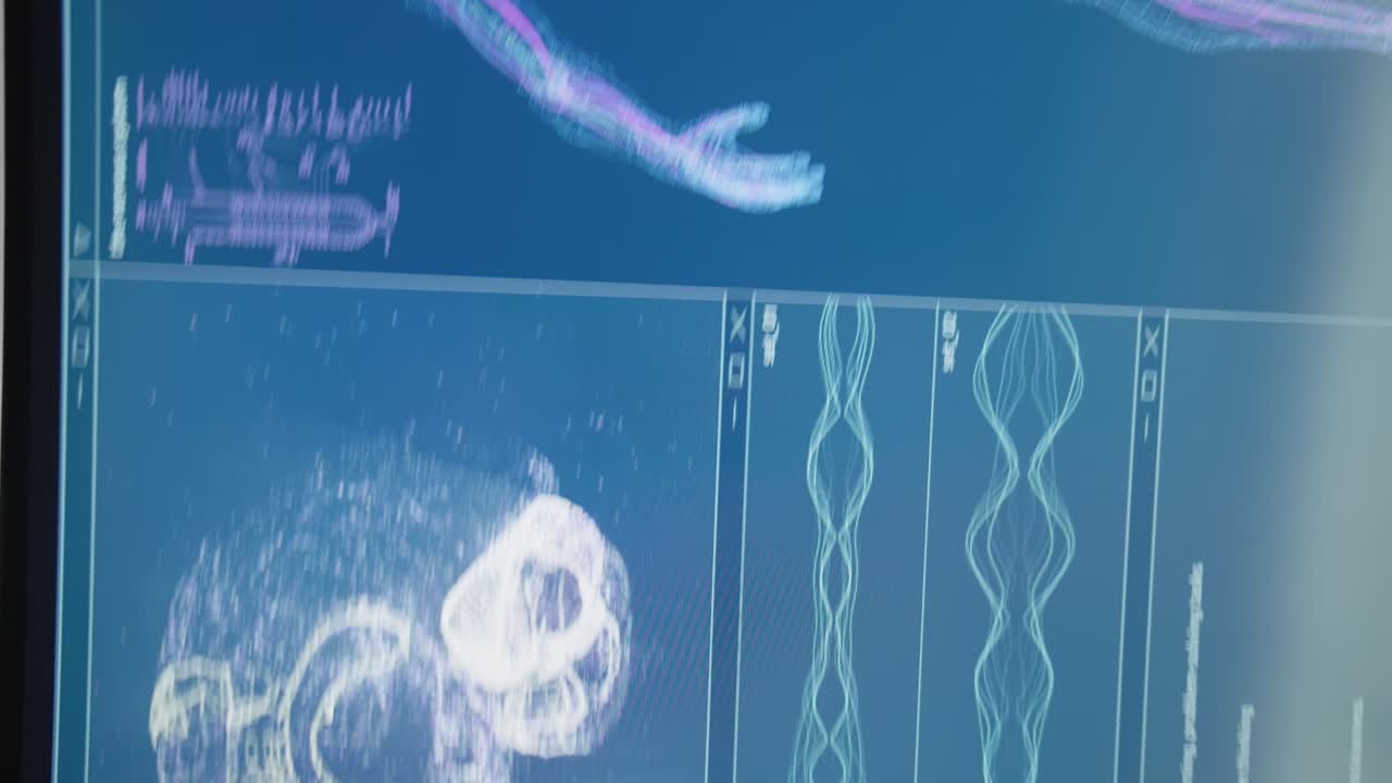 컴퓨터 화면에서 자세한 코로나 바이러스 모델, 미래의 실험실 연구, 화면에서 클로즈업