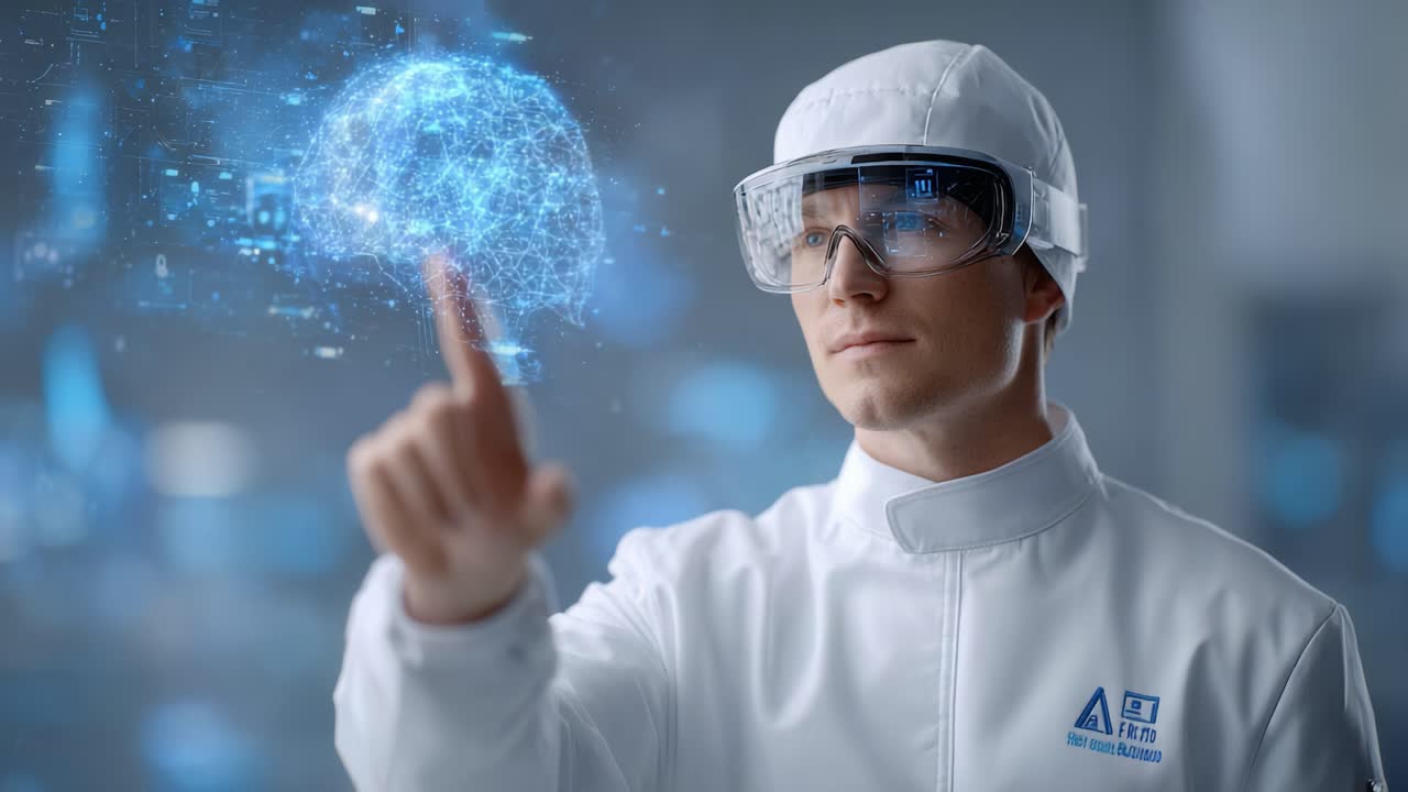 Futuristic Scientist Engaging with Advanced Technology, Manipulating Digital Brain and Global Network Visualization in a Lab Environment