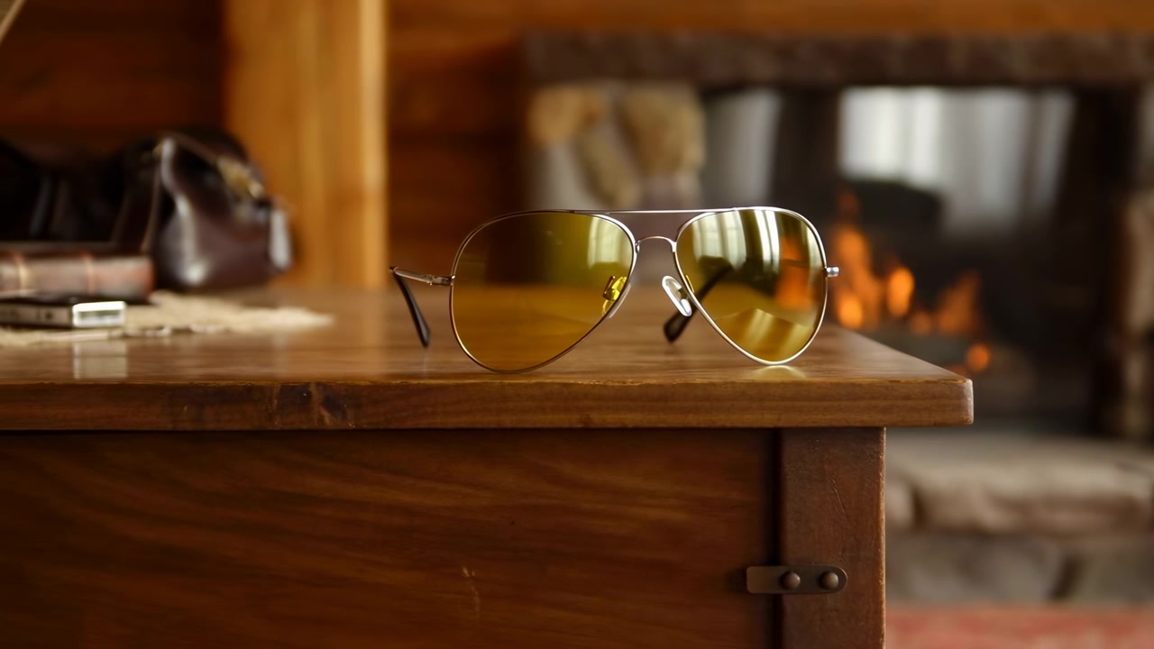 A pair of aviator sunglasses rests on a wooden surface in a cozy indoor setting with a softly blurred fireplace in the background