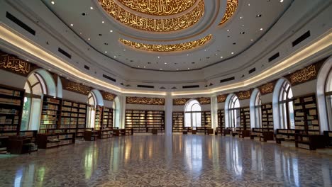 wide shot capturing a serene islamic library adorned with arabic calligraphy illuminating the ceiling and walls, filled with bookshelves of literature and knowledge