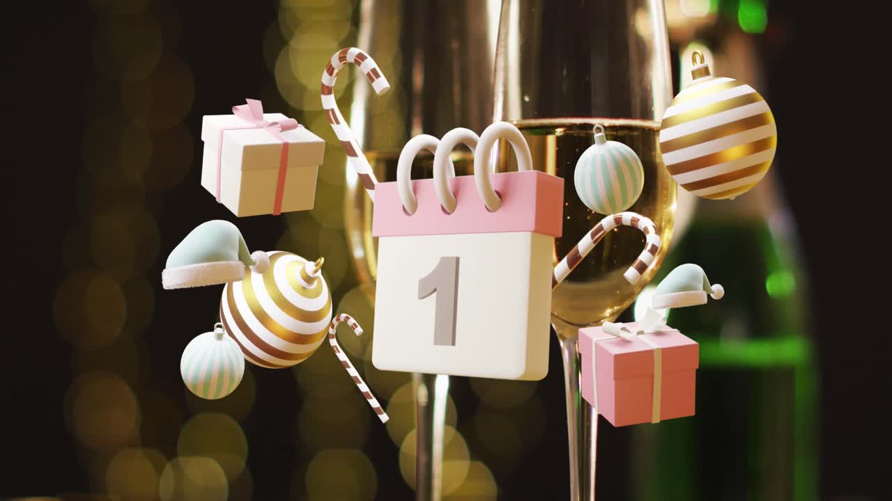 animación del calendario con fecha de 1 número y decoraciones navideñas