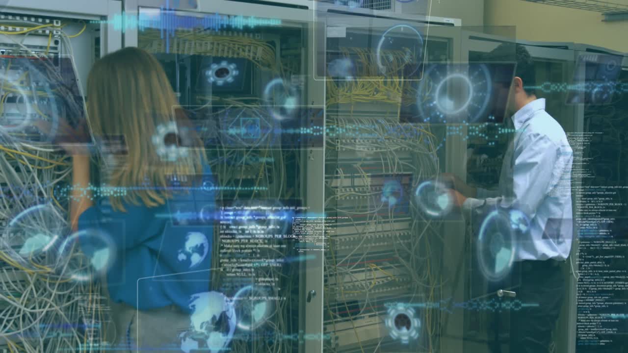 animación del procesamiento de datos y alcances sobre trabajadores caucásicos en la sala de servidores