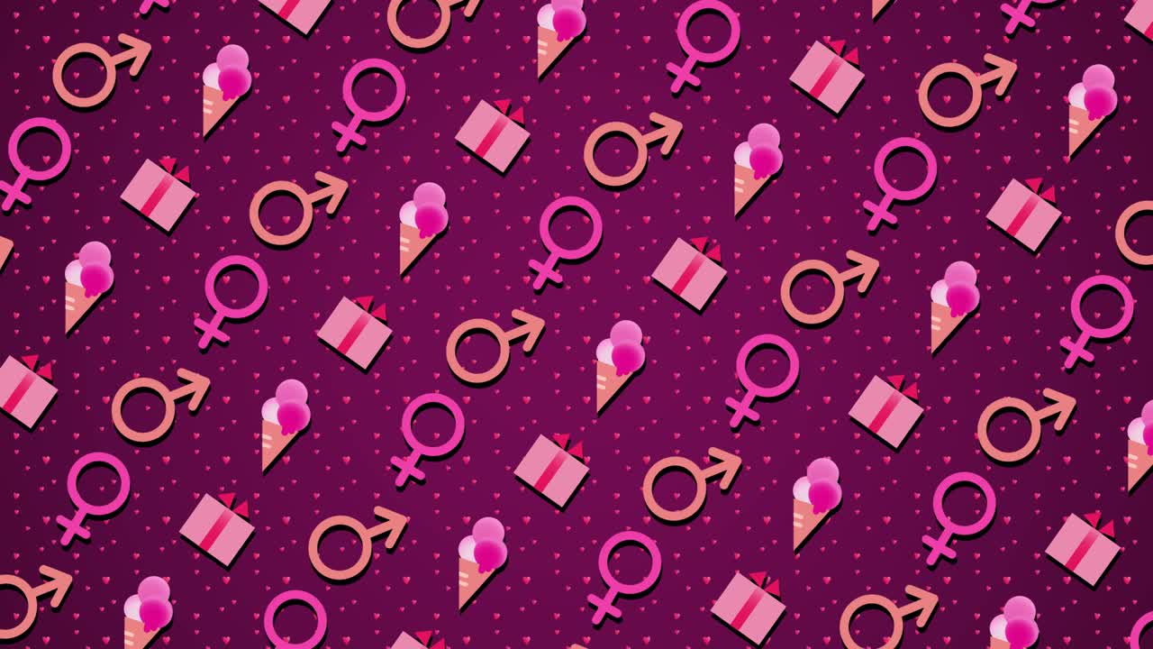 fondo del día de san valentín con signos de género. símbolos femeninos y masculinos. cajas de regalos móviles, corazones, labios, helados. motion graphic 4k uhd video. diseño plano animación de forma en bucle.