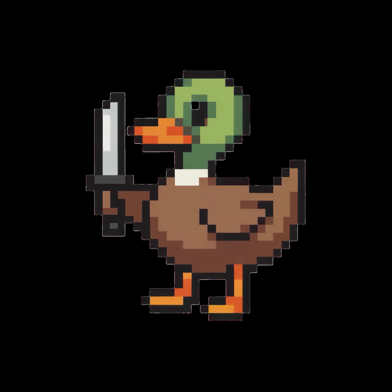 Pixelated duck wielding knife animation isolated asset, transparent 4K video, alpha channel, ProRes