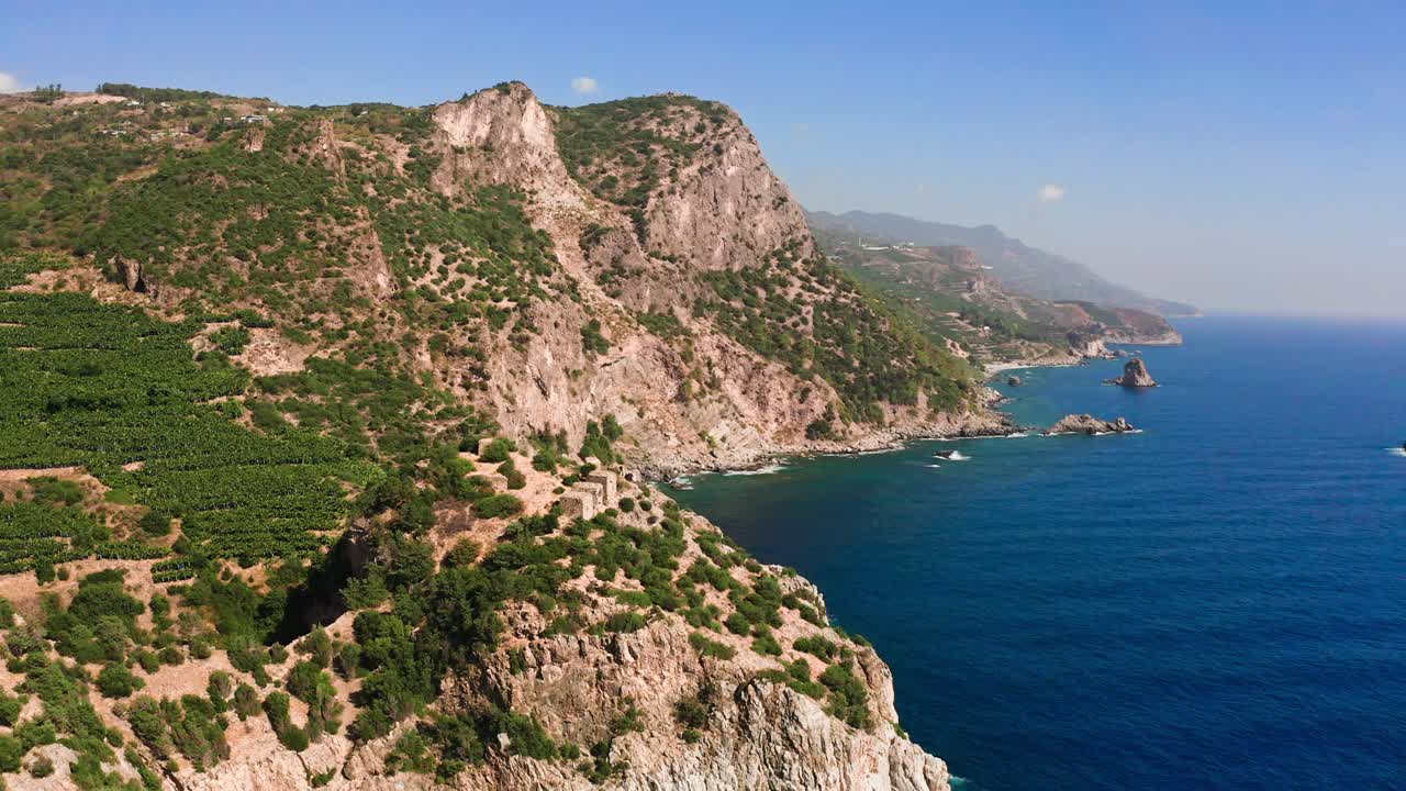 Aerial Shot Of Rocky Shoreline Of Mediterranean Sea On Sunny Day, Turkey