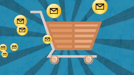 animación digital de múltiples iconos de mensajes sobre el icono del carrito de compras contra un fondo radial azul