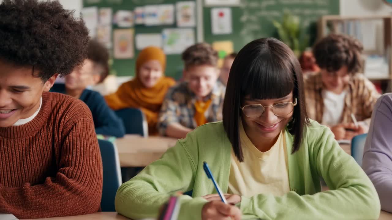 Fotograma de un vídeo que muestra a estudiantes sonriendo y estudiando en un aula, captado desde un ángulo lateral