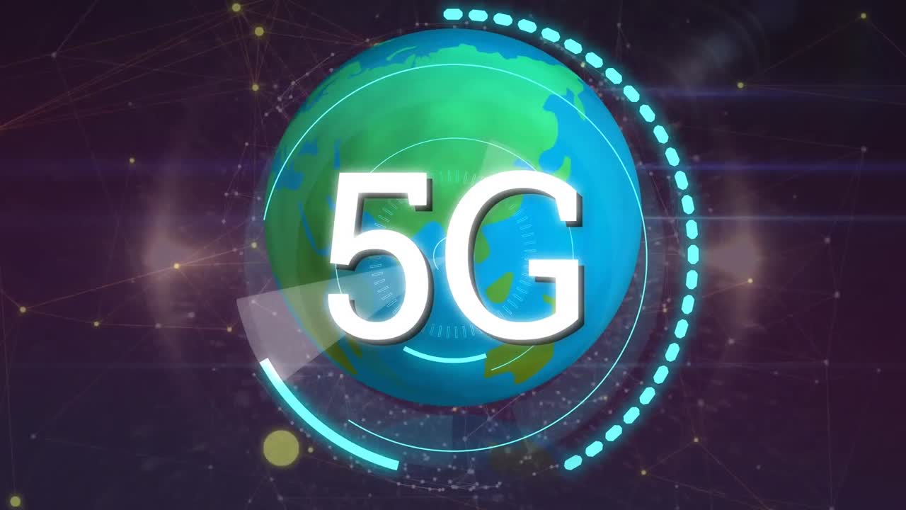 animazione di 5g sul globo e radar su sfondo viola