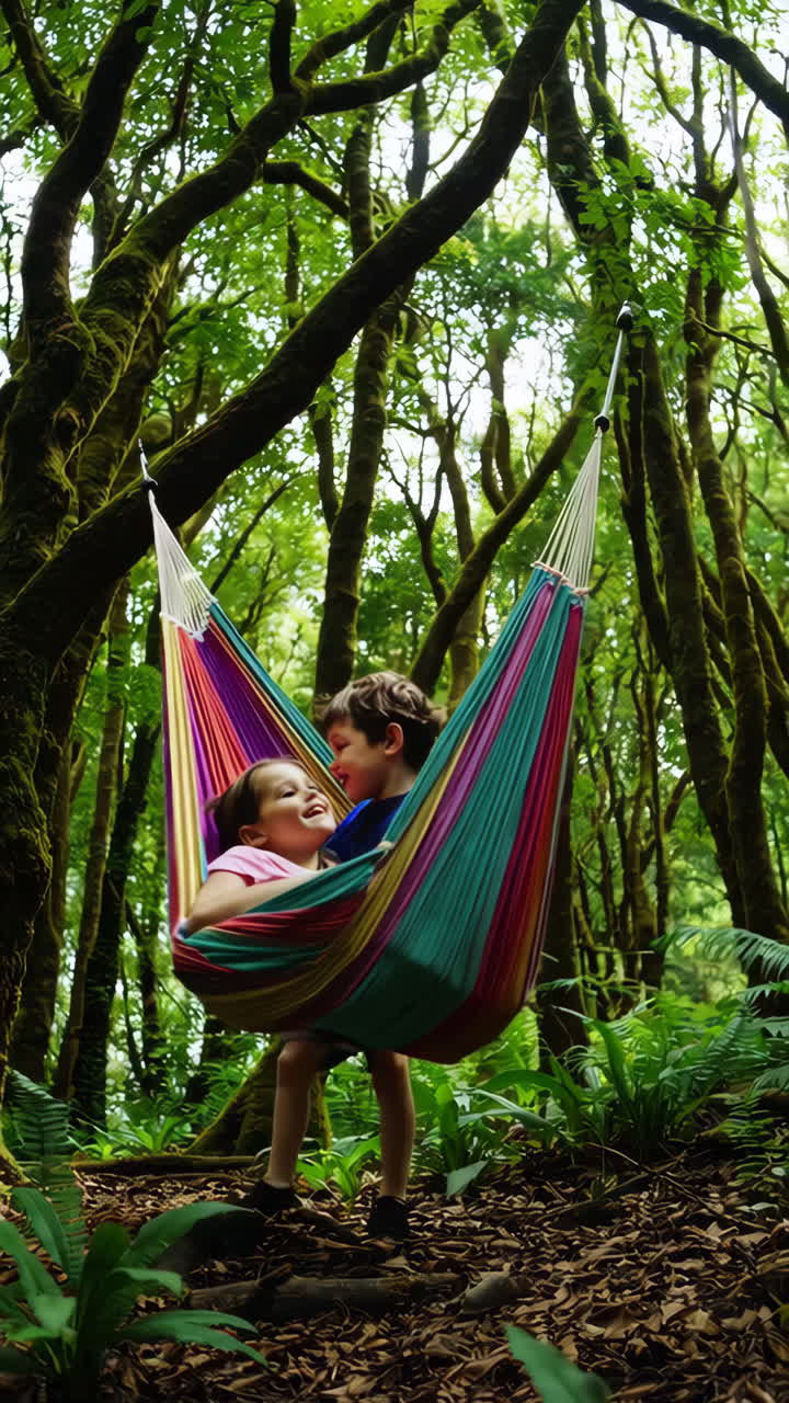 Children playing happily in a colorful hammock in a lush forest