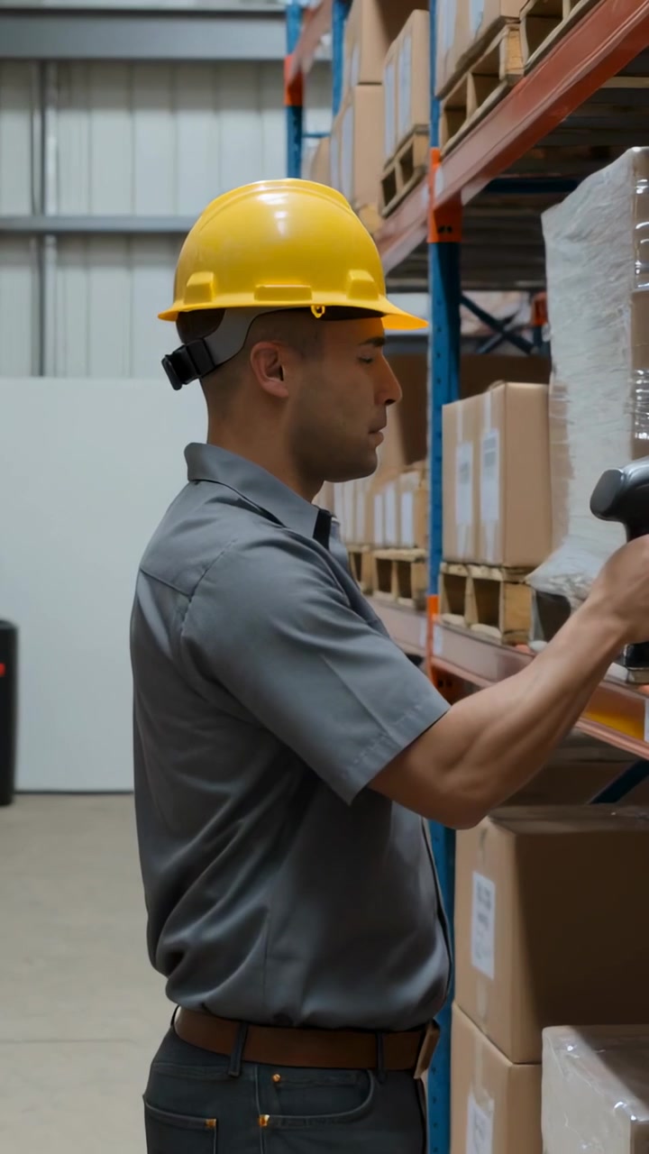 Video verticale: Tecnico che tocca il tablet dopo un segnale acustico, equipaggio in gilet che dirige il cantiere, scansionando, con spazio per il testo.