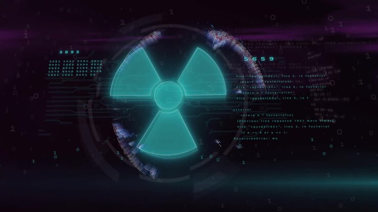 Radiation hazard symbol and digital data processing animation over dark background