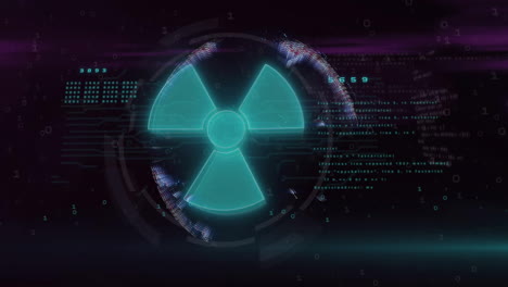 símbolo de peligro de radiación y animación de procesamiento de datos digitales sobre fondo oscuro
