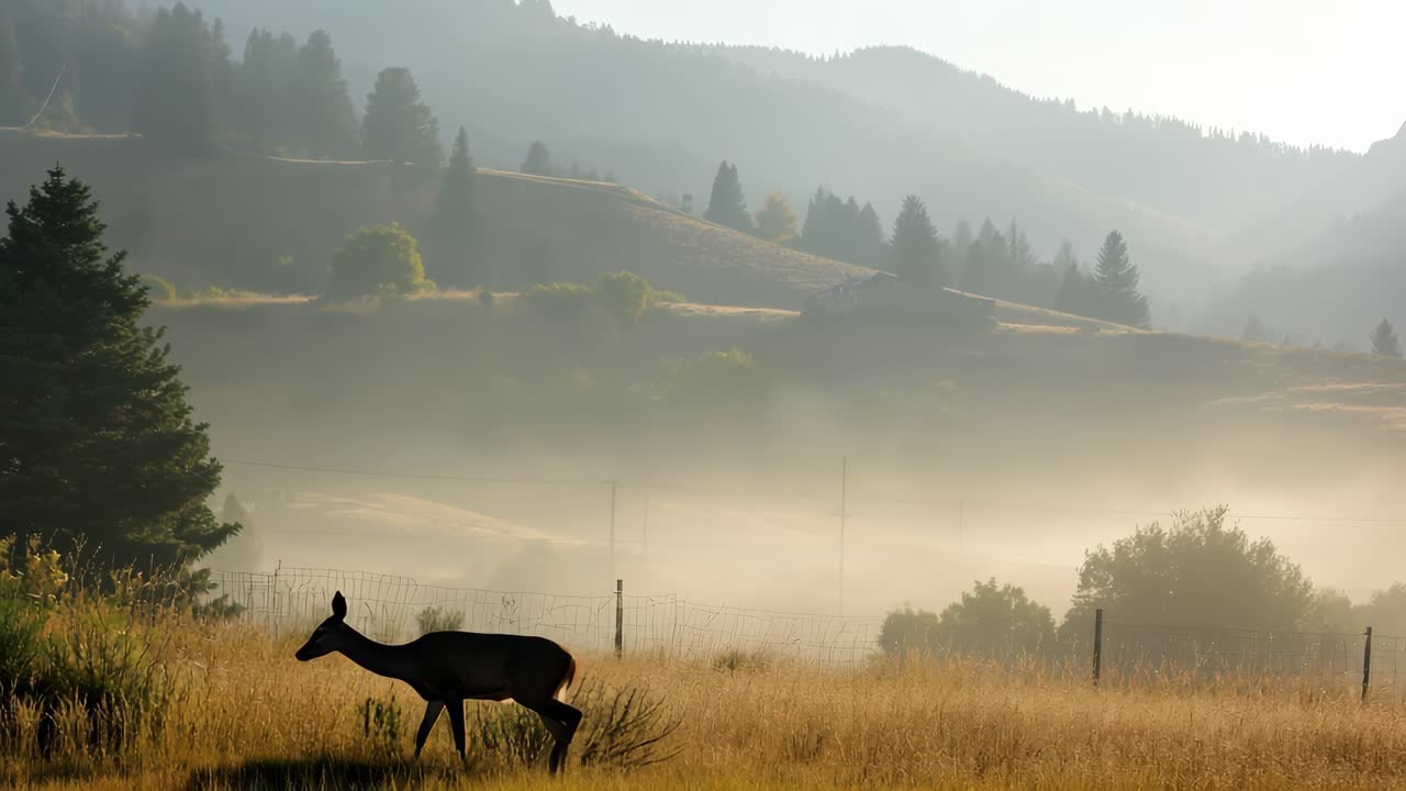 Wild deer wandering through a misty valley at sunrise, surrounded by majestic mountains and trees, creating a serene and peaceful atmosphere in the early morning light