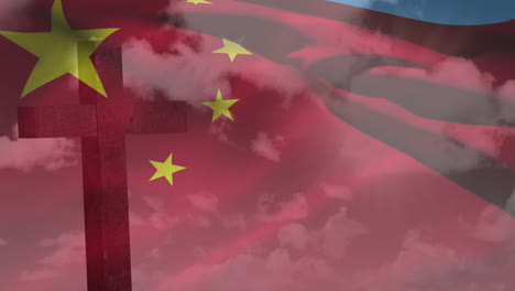 overlapping chinese and american flags with cross and clouds in background animation