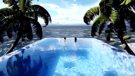 beautiful swimming pool with bathing man and woman at sunny day, on a lost tropical island. looped realistic 3d animation.