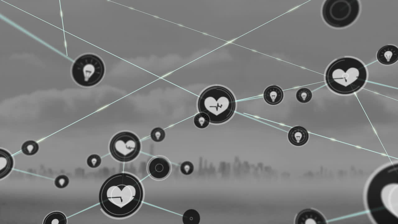 디지털 아이콘의 네트워크의 애니메이션 도시 풍경의 공중 뷰에 대하여