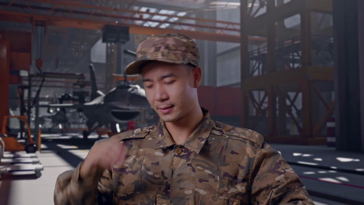 군용 격납고에서 위장복을 입은 피곤한 군인이 눈을 비비고 있어요