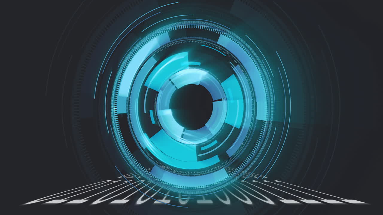 Glowing circular interface being rendered floating above binary code plane cyan?blue 3D style