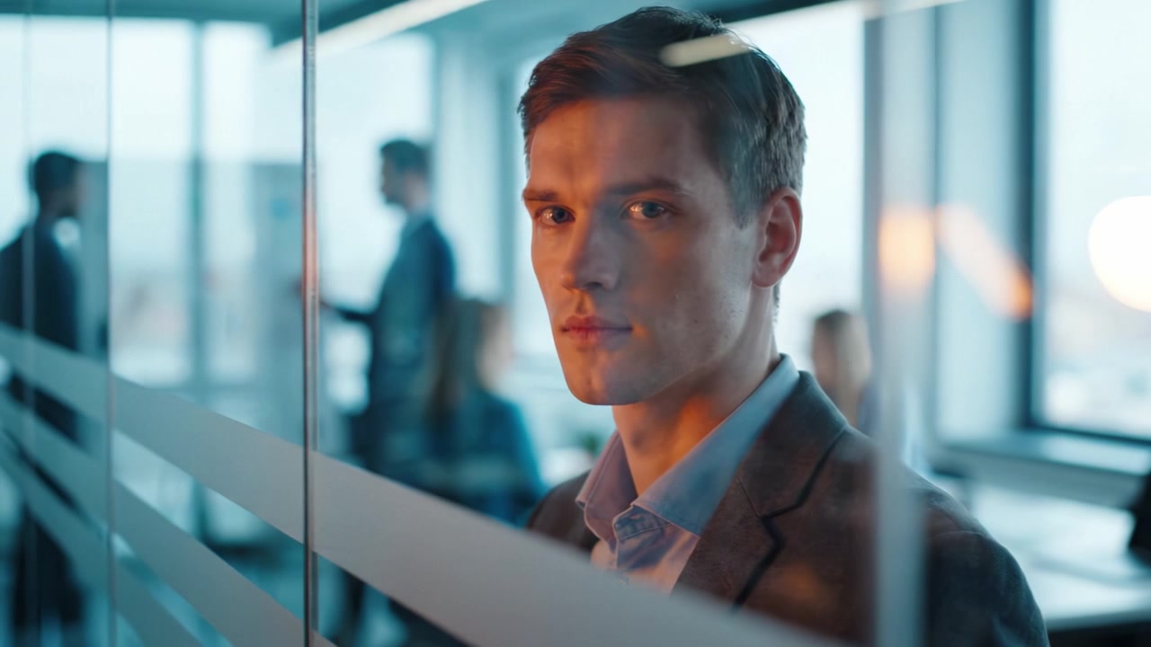 A focused individual contemplating in a modern office environment, as others work nearby, embodying professionalism and concentration in a collaborative space.