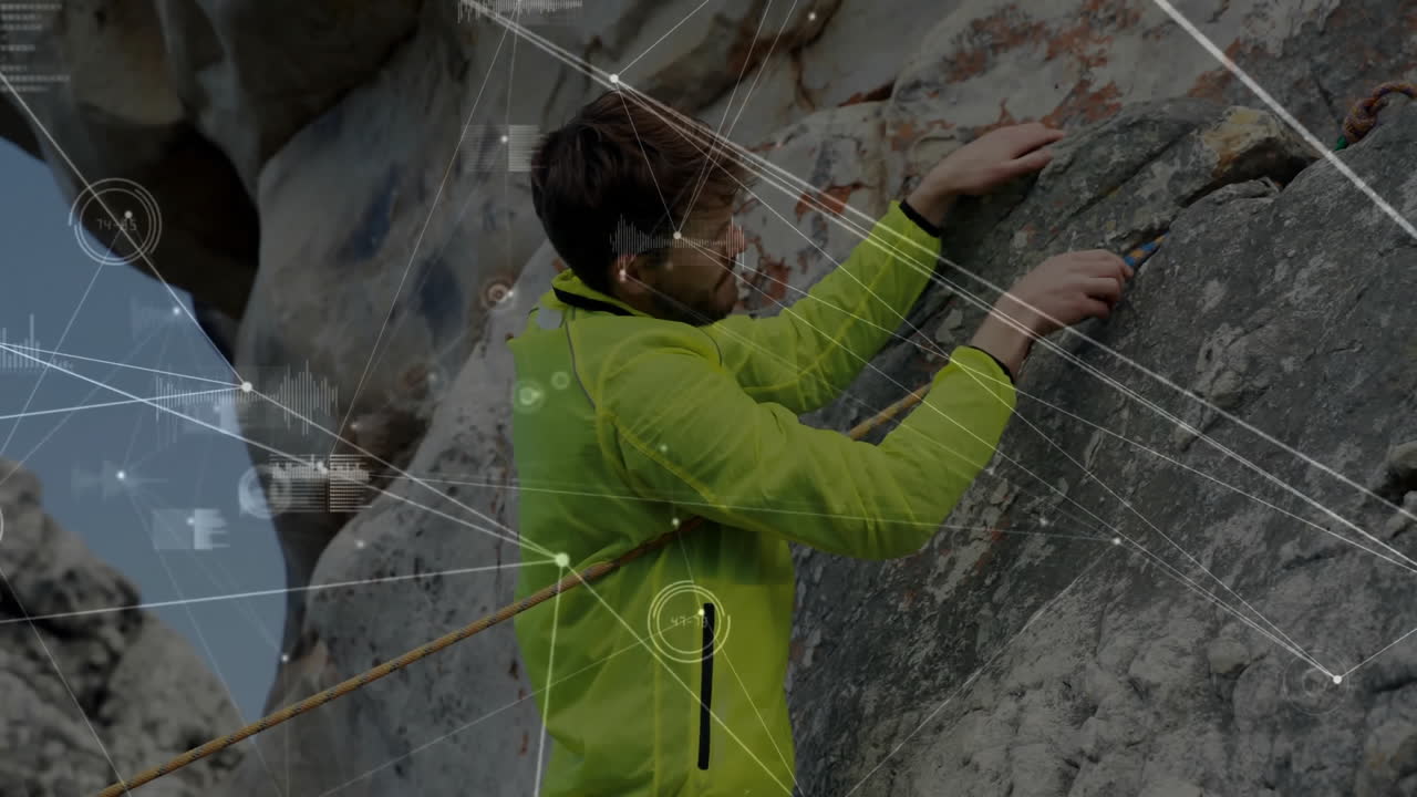 Scaling cliff, rock climber in green jacket with animation of network connections
