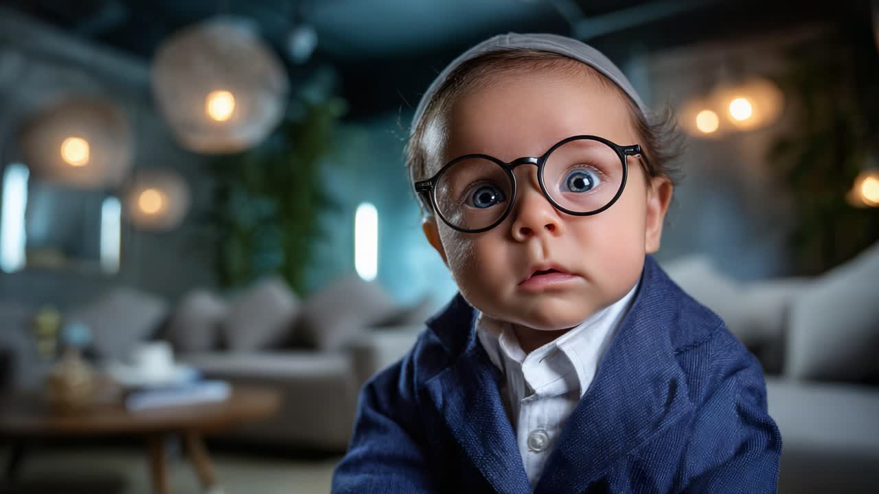 Adorable Baby Wearing Glasses and a Stylish Outfit, Captured in a Cozy and Modern Living Room Atmosphere with Warm Lighting and Soft Furnishings
