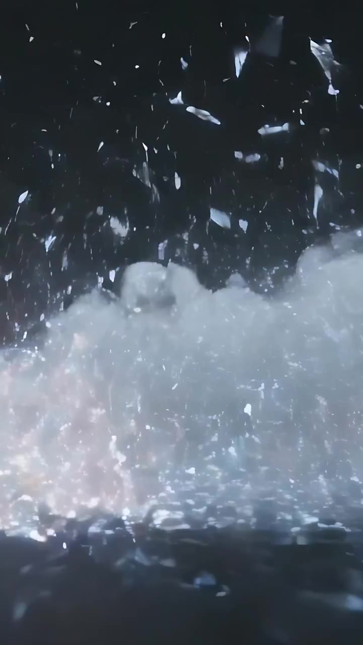 Vertical video: Brightening clear prism shattering into shards over reflective floor, forming mist