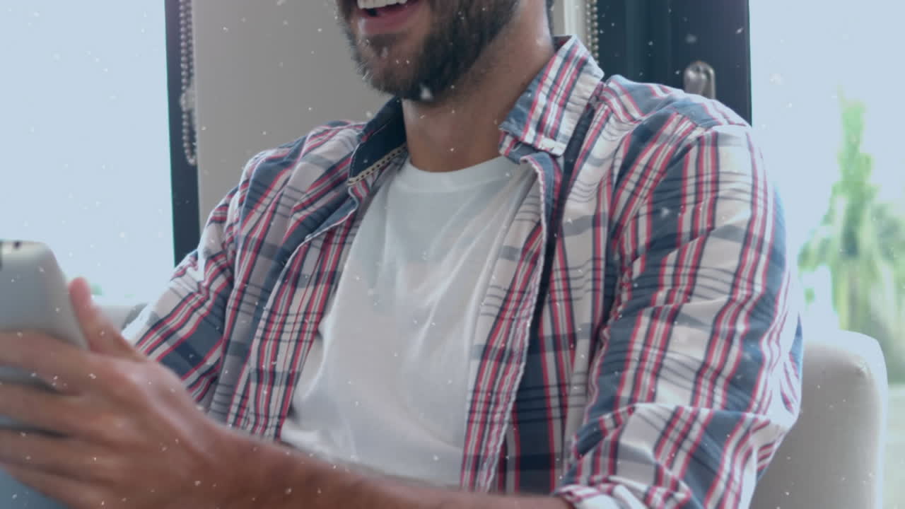 animación de puntos sobre el hombre caucásico usando la tableta.