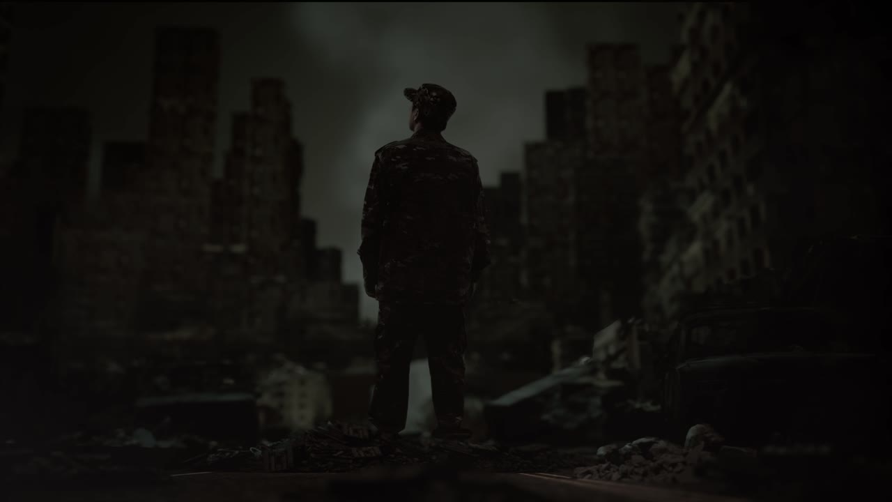 전쟁이 끝난 후 폐허가 된 도시 한가운데 서 있는 아시아 남성 군인이 주위를 둘러보는 전체 몸의 뒷면