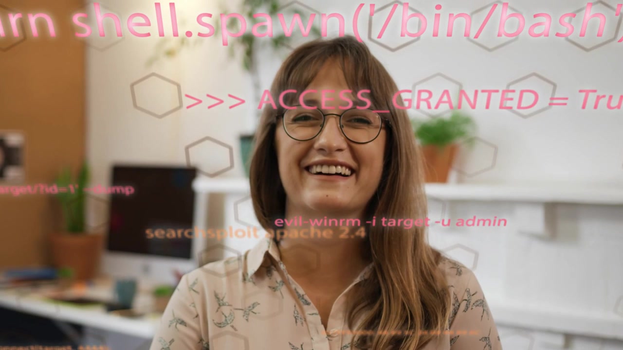 Adult woman sitting tech office code overlay drifting over face causing smiling laughing calming