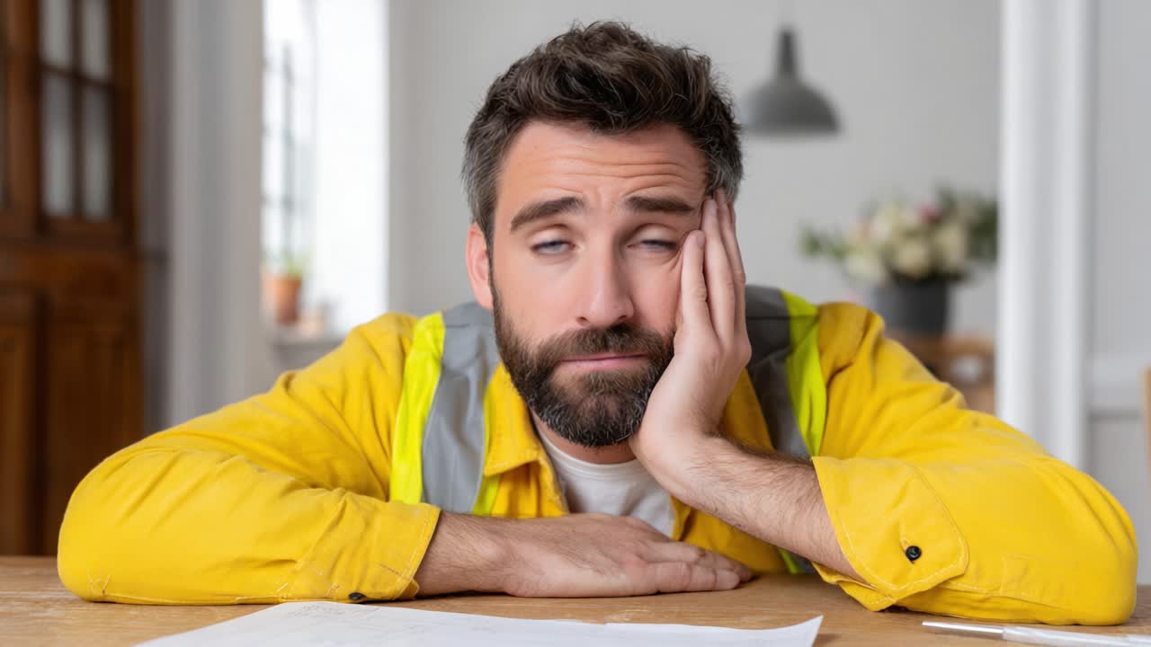 A Frustrated Worker in a Yellow Jacket Displays Signs of Boredom and Discontent While Staring Blankly at a Table Filled with Documents and Papers Awaiting Attention