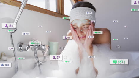 interacción de las redes sociales animación sobre la mujer relajándose en el baño de burbujas