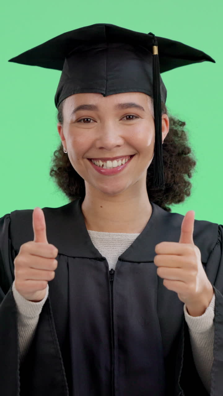 Happy Graduate Woman Giving Thumbs Up on Green Screen