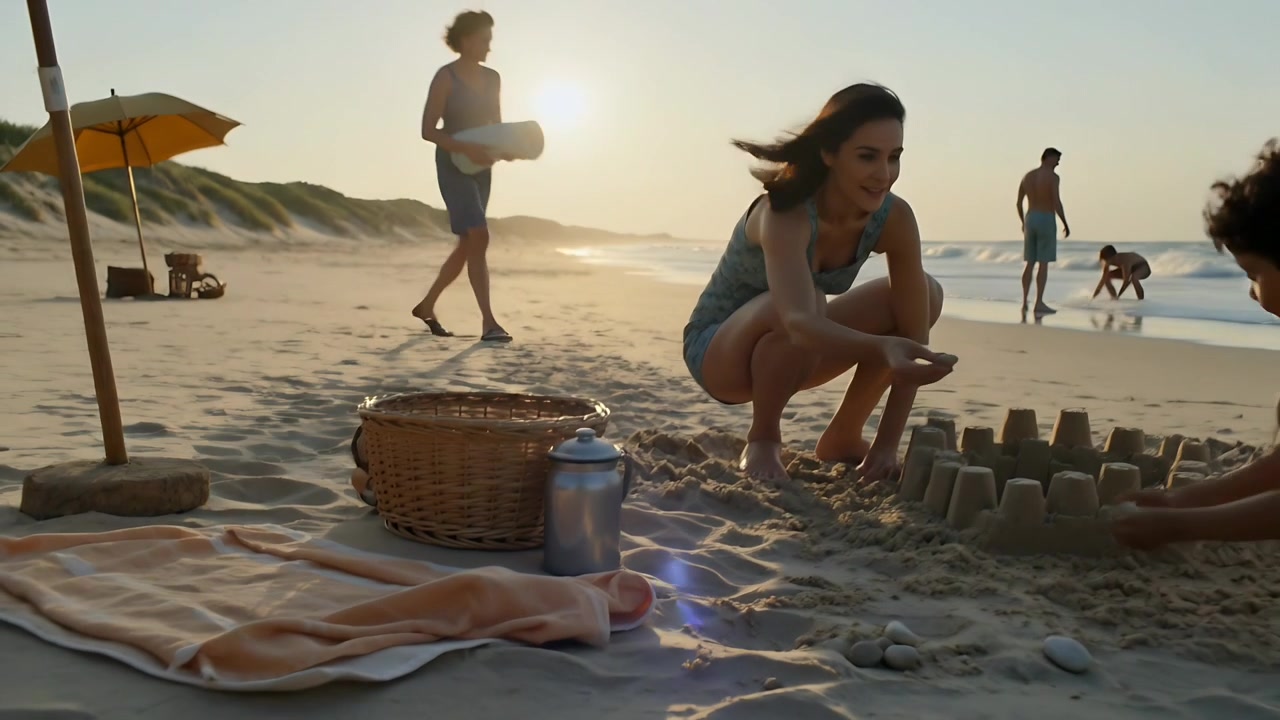 Afastando-se para revelar uma toalha pêssego e uma cesta na areia, mulher de azul fazendo um castelo com uma criança para brincar.