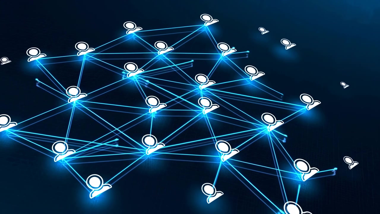 White avatar icons form connected triangular mesh with bright cyan beams and hotspot nodes across deep navy grid, creating futuristic data flow, layered depth, and abstract interface feel