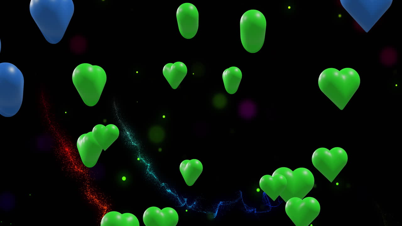 animación de corazones coloridos sobre rastros de luz en fondo negro.