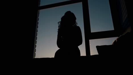 Frauensilhouette-Mit-Weinglas-Am-Fenster-Gegen-Sonnenuntergang