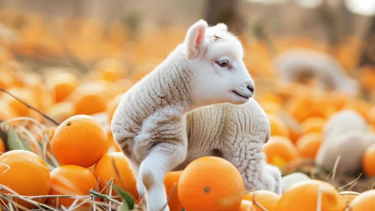 Adorable white lamb wandering through orange laden field, creating vivid color contrast while exploring ripe citrus landscape with playful curiosity