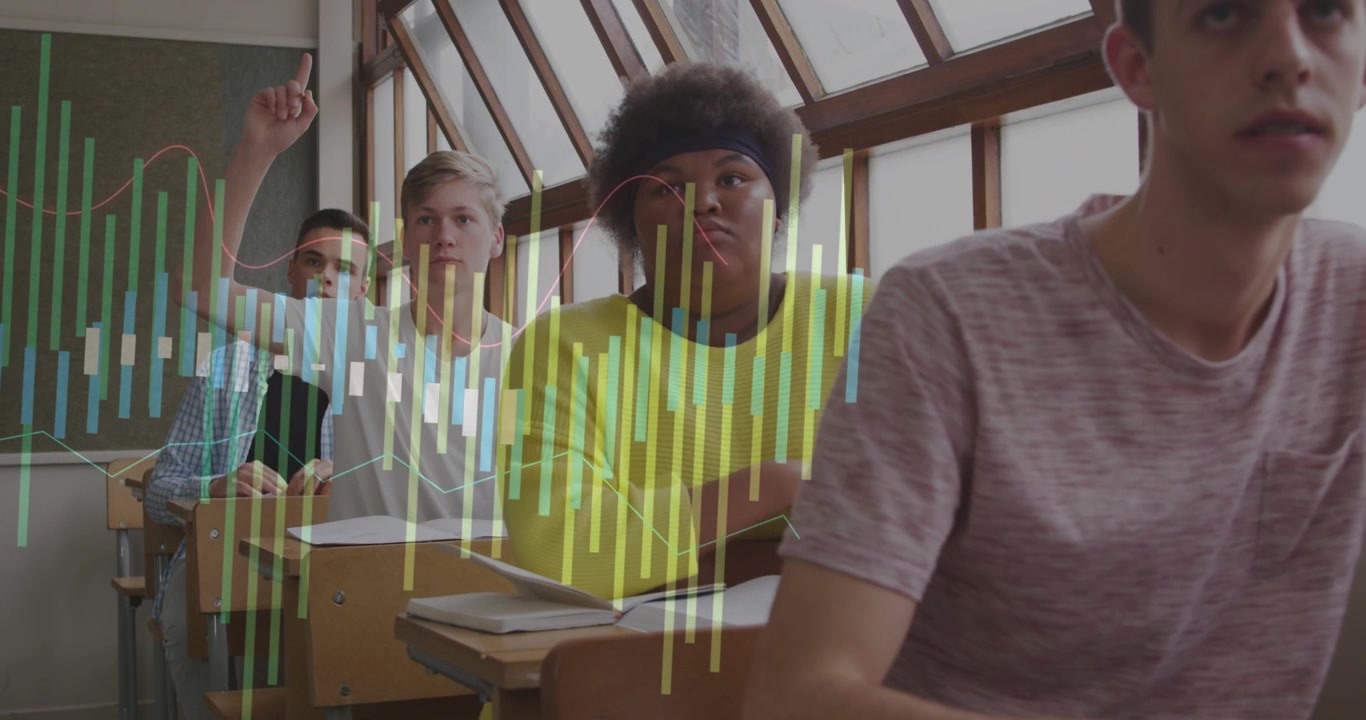 Vertical video: Front student tapping tablet, animated bars rising and guiding peers toward lesson