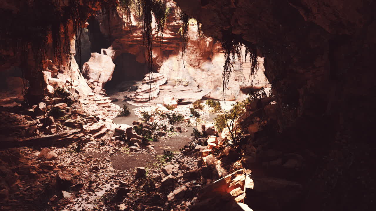 vista desde el interior de una cueva oscura con plantas verdes y luz en la salida