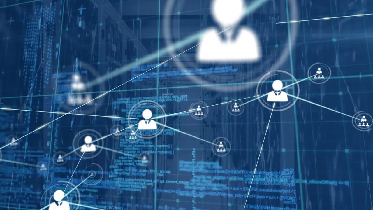 Animation of network of connections with icons and data processing over grid on blue background