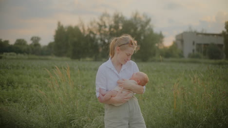 smiling woman holding son at sunset
