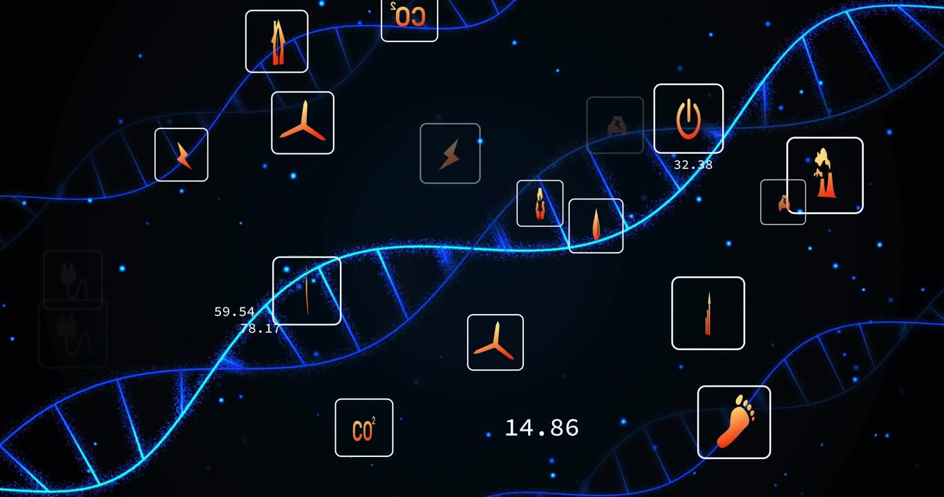 Curved line forming glowing double helix, anchoring icons and updating values, showing energy data