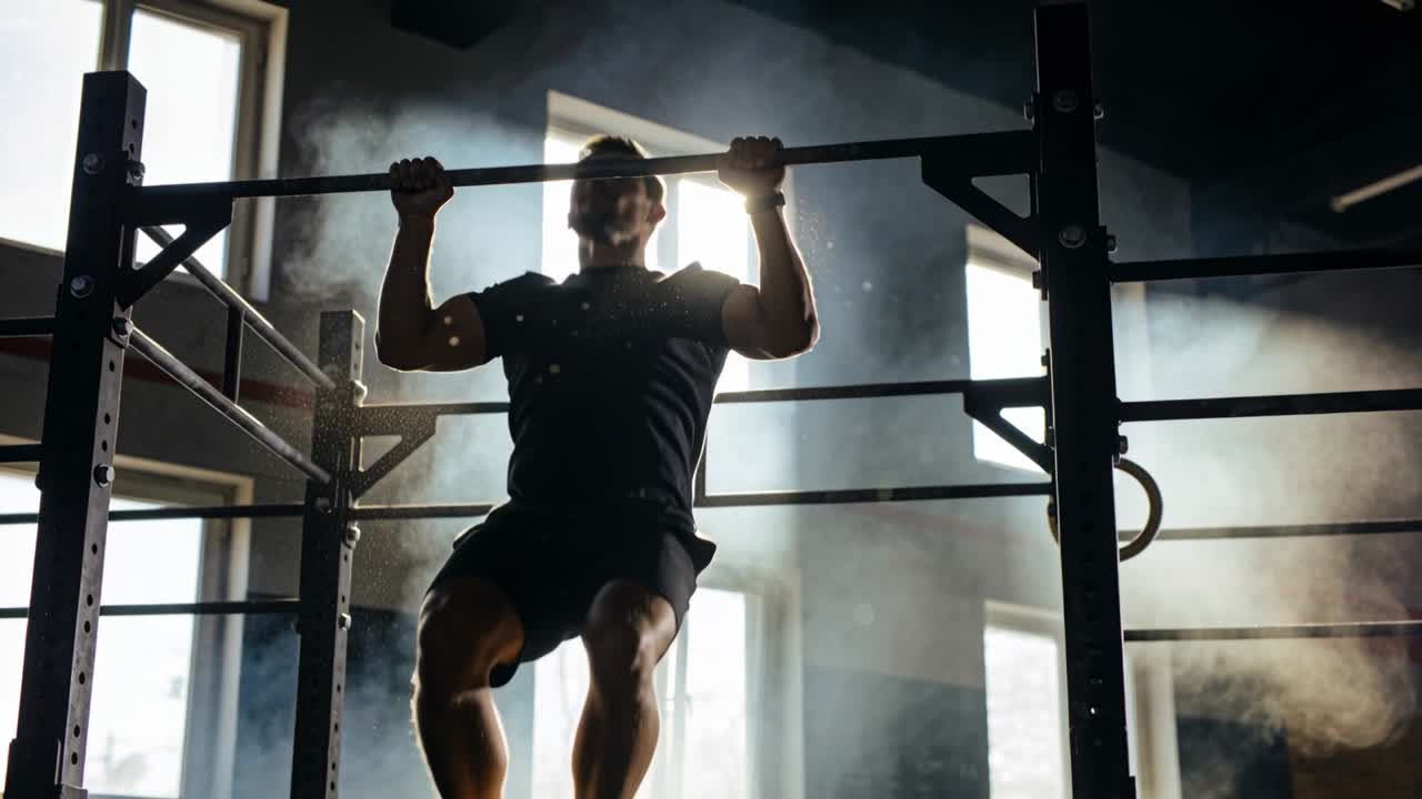 Mandlig atlet griber fat i trækstang og laver pull-ups i fitnesscenteret, iført en mørk T-shirt og træner med kridtstøv.