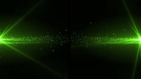 animation of glowing green light energy particles moving to centre in from left and right, on black