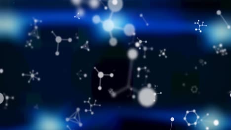 Digital-animation-of-molecular-structures-floating-against-blue-spots-of-light-on-black-background