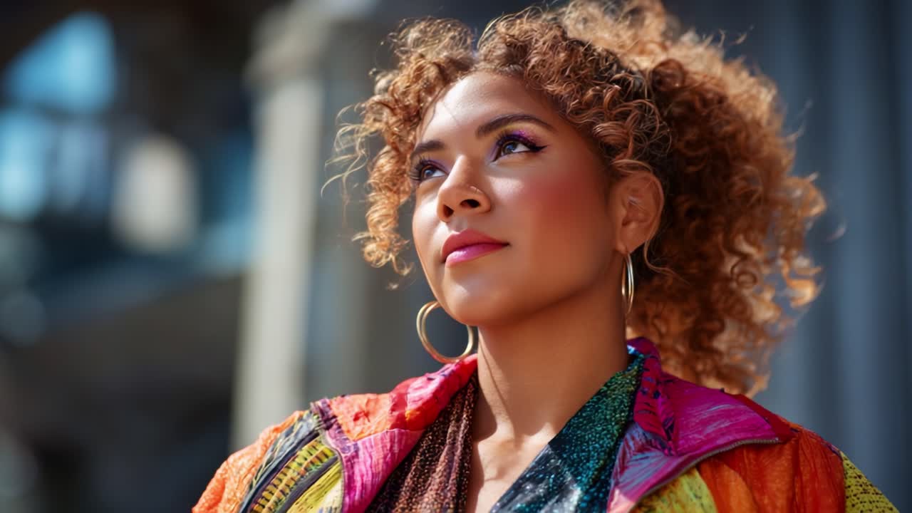 Un ritratto vivace di una donna sicura di sé in abiti colorati con capelli ricci, che irradia energia positiva in un ambiente luminoso e artistico