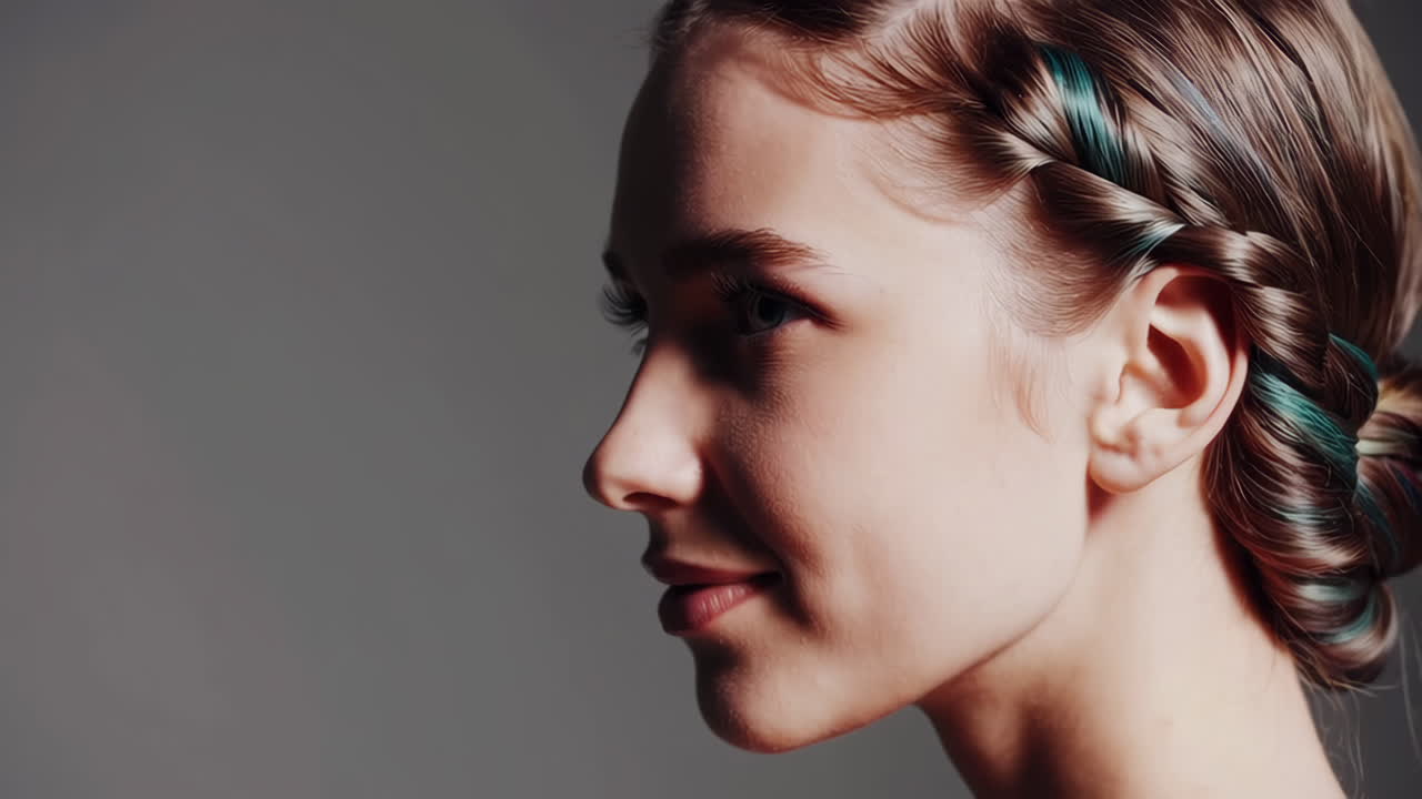 Close-up profile of a woman with a braided hairstyle and colorful highlights